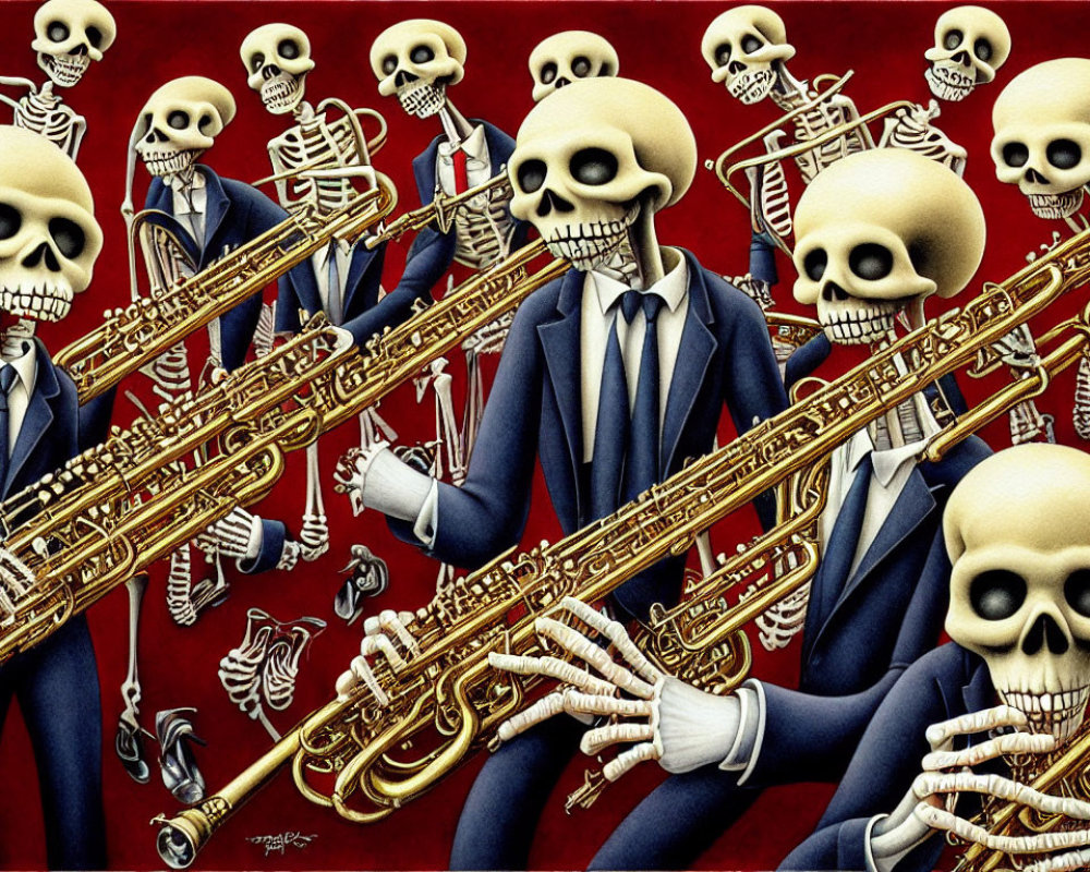 Skeleton Jazz Band in Blue Suits Playing Saxophones on Red Background