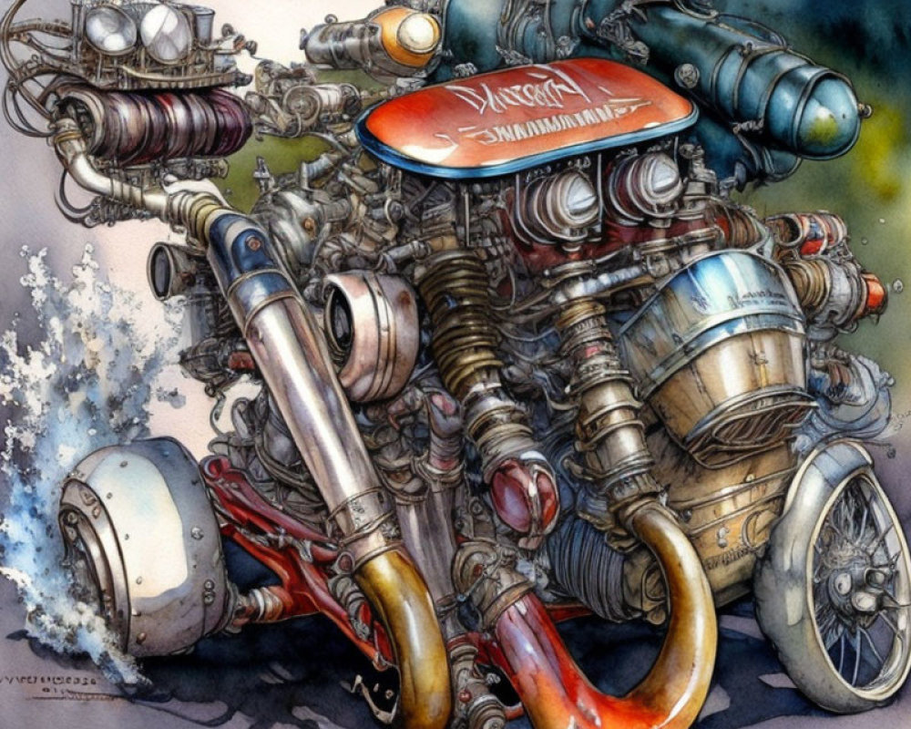 Detailed Steampunk-Style Motorcycle Illustration with Red Fuel Tank