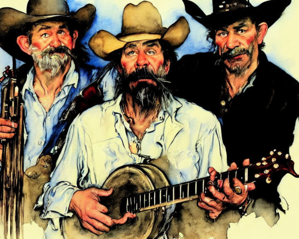 Realistic Cowboy Trio Artwork with Banjo Player & Rifles