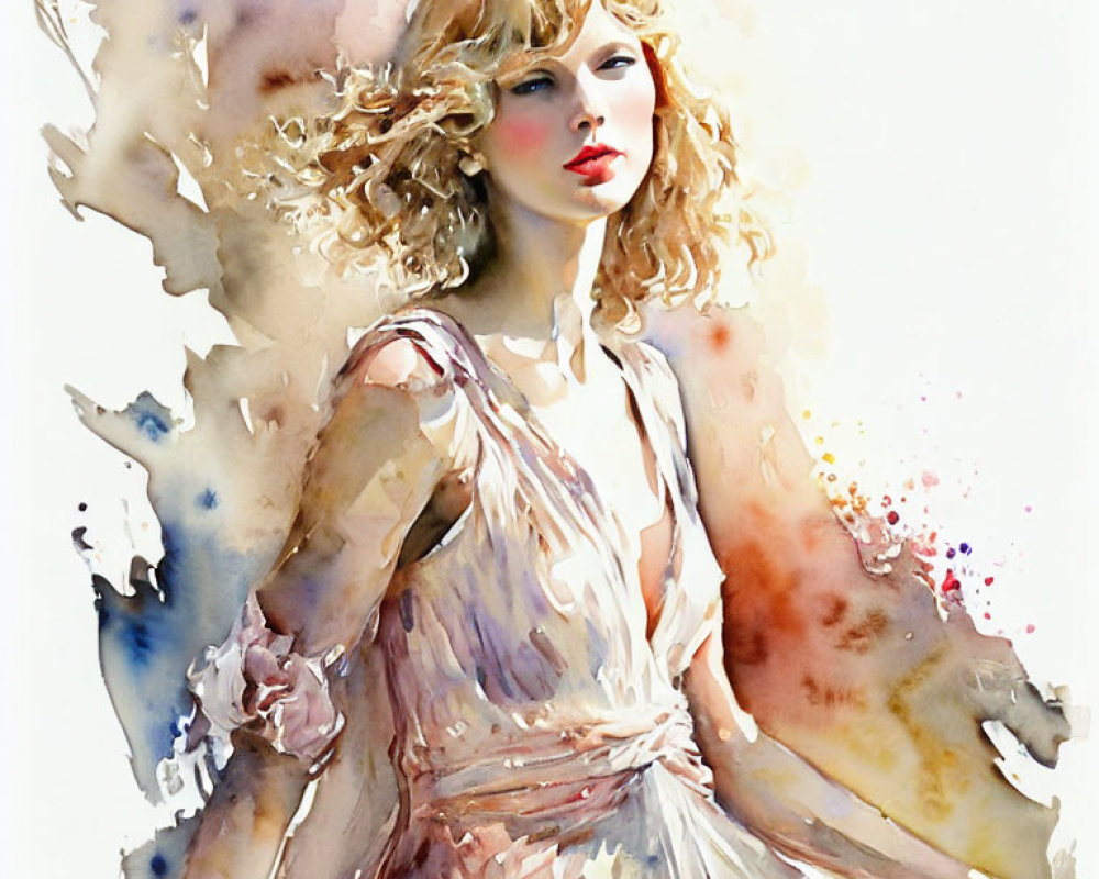 Soft-hued watercolor painting of a woman with curly hair and abstract splashes.