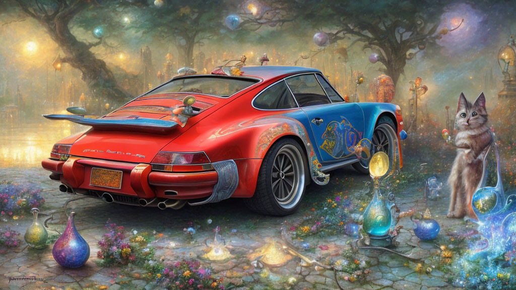 Red Porsche 911 with blue designs in mystical forest with lanterns, cat, and potion bottles