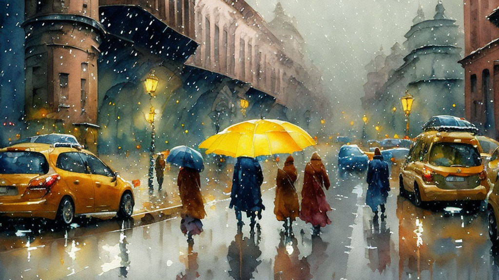 Colorful Watercolor Painting: People with Umbrellas on Rainy City Street