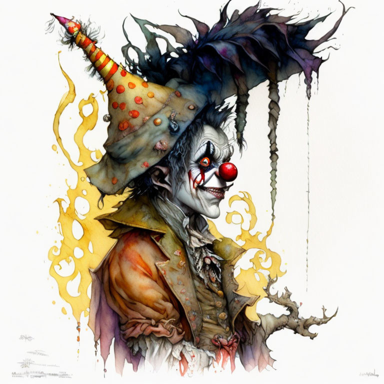 Whimsical clown illustration with pointed hat and ruffled collar