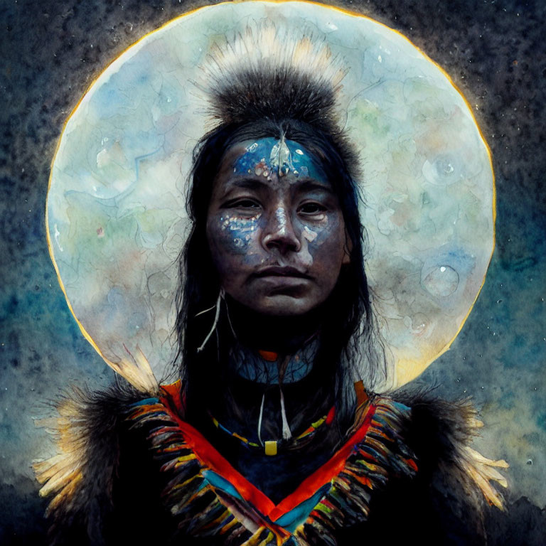 Portrait of person in indigenous attire with face paint under lunar halo