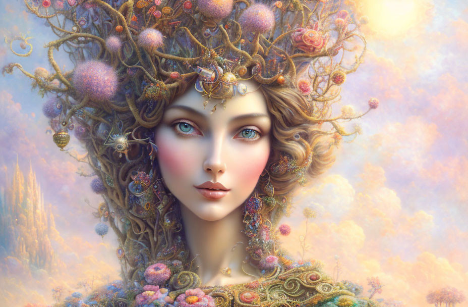 Portrait of woman with floral headpiece and jeweled ornaments against pastel sky