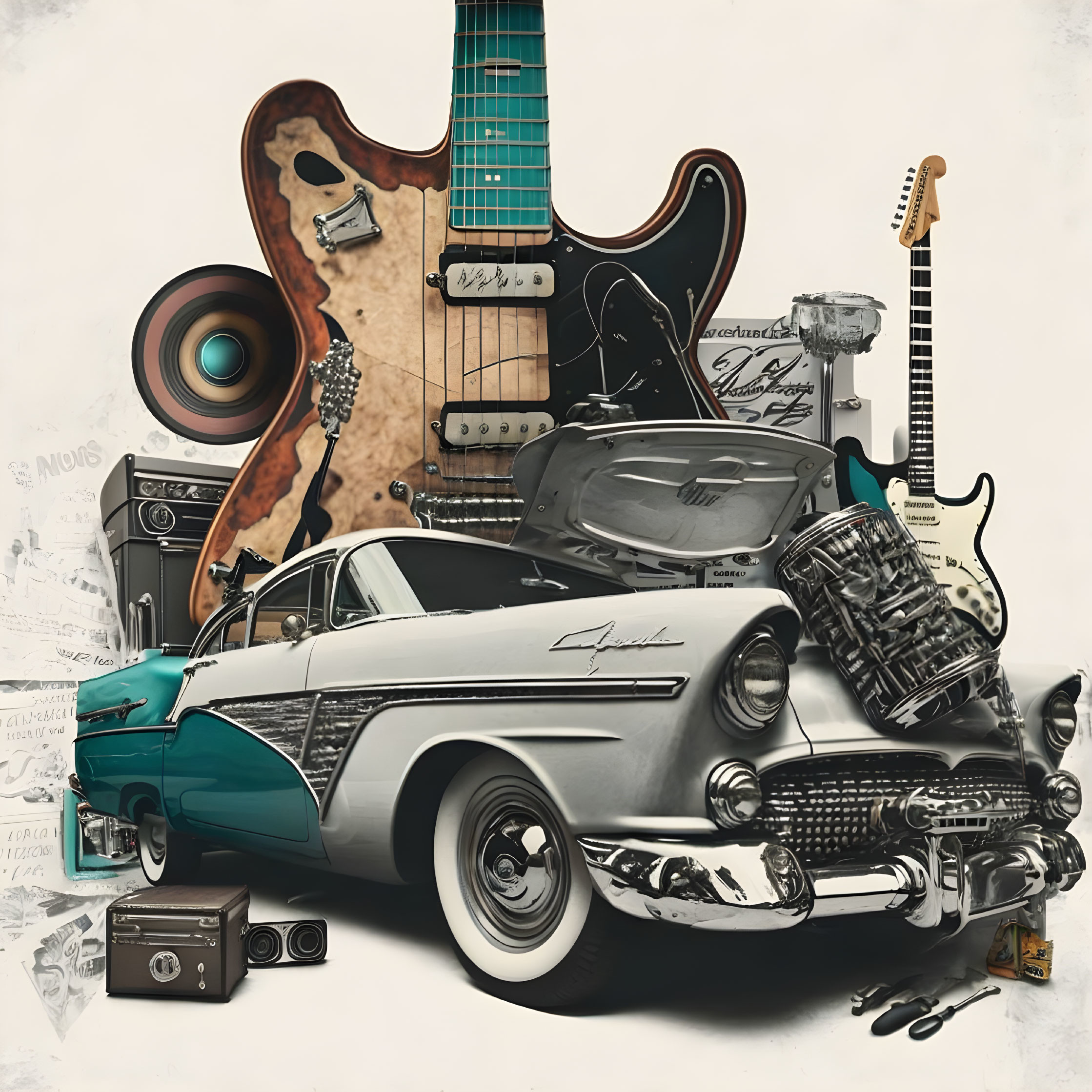 Collage of classic car, electric guitars, engine, speaker, and musical notes symbolizing retro music