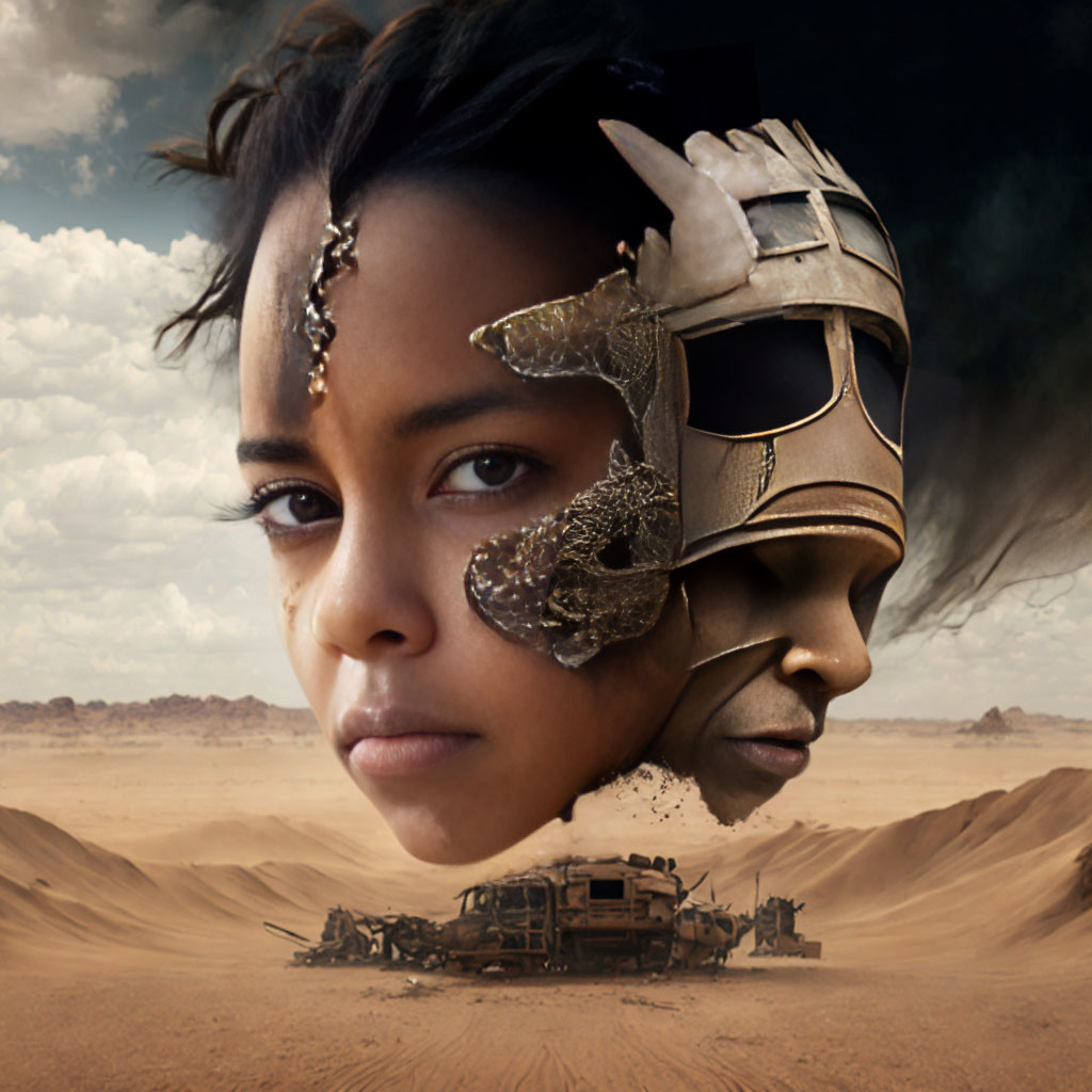 Young woman's face in futuristic helmet dissolving into sand above desert landscape with rugged vehicle