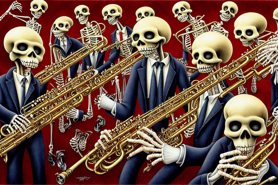 Skeleton Jazz Band in Blue Suits Playing Saxophones on Red Background