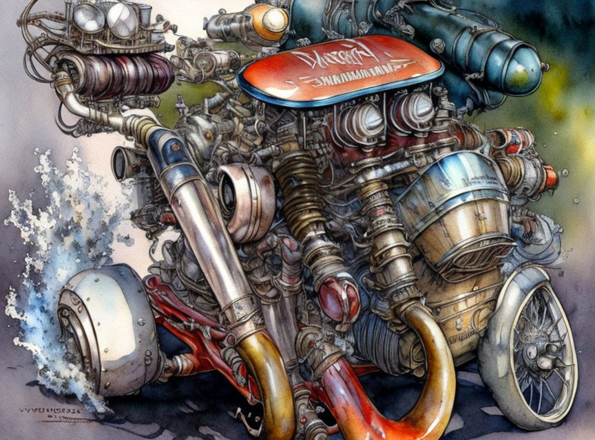 Detailed Steampunk-Style Motorcycle Illustration with Red Fuel Tank