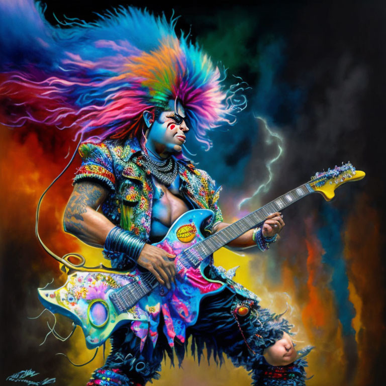 Colorful Clown Playing Electric Guitar with Rainbow Hair