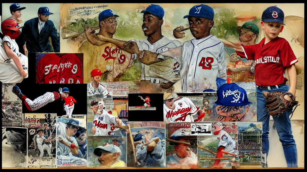 Baseball-themed collage featuring players, vintage cards, and children