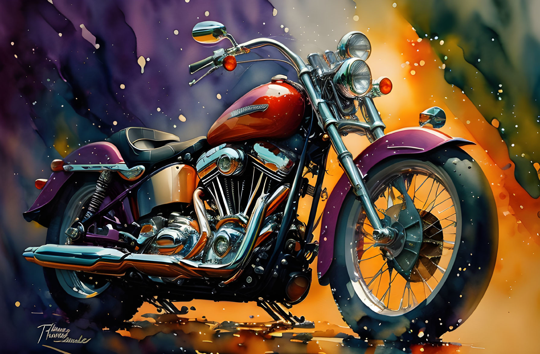 Colorful Classic Motorcycle Artwork with Abstract Background in Orange and Purple