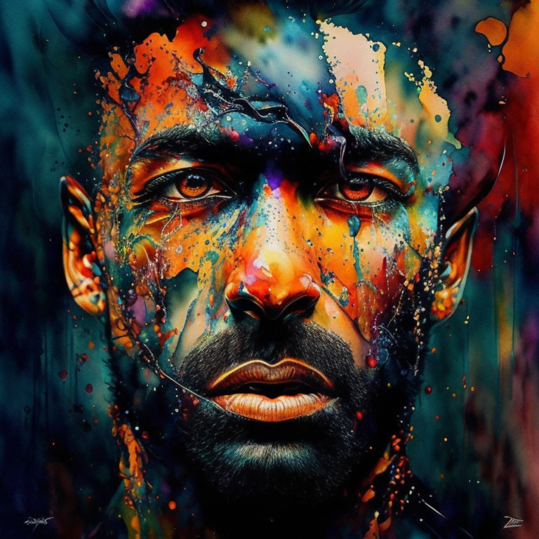 Colorful Abstract Portrait of Man with Paint Splatters and Rainbow Blending