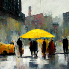 Colorful Watercolor Painting: People with Umbrellas on Rainy City Street