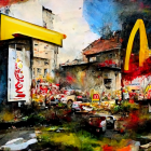 Vibrant illustration of bustling McDonald's restaurant at twilight