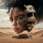 Young woman's face in futuristic helmet dissolving into sand above desert landscape with rugged vehicle
