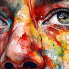 Colorful watercolor painting of eyes with dripping vivid colors.