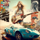 Watercolor-style artwork of woman with sunglasses playing guitar by vintage car