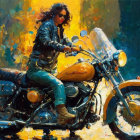 Woman in sunglasses and leather jacket on classic motorcycle against vibrant background
