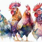 Colorful Stylized Chickens in Blue, Red, and Brown Feathers