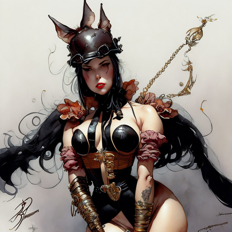 Illustration of woman in dark fantasy outfit with horned helmet, corset, gloves, and chained