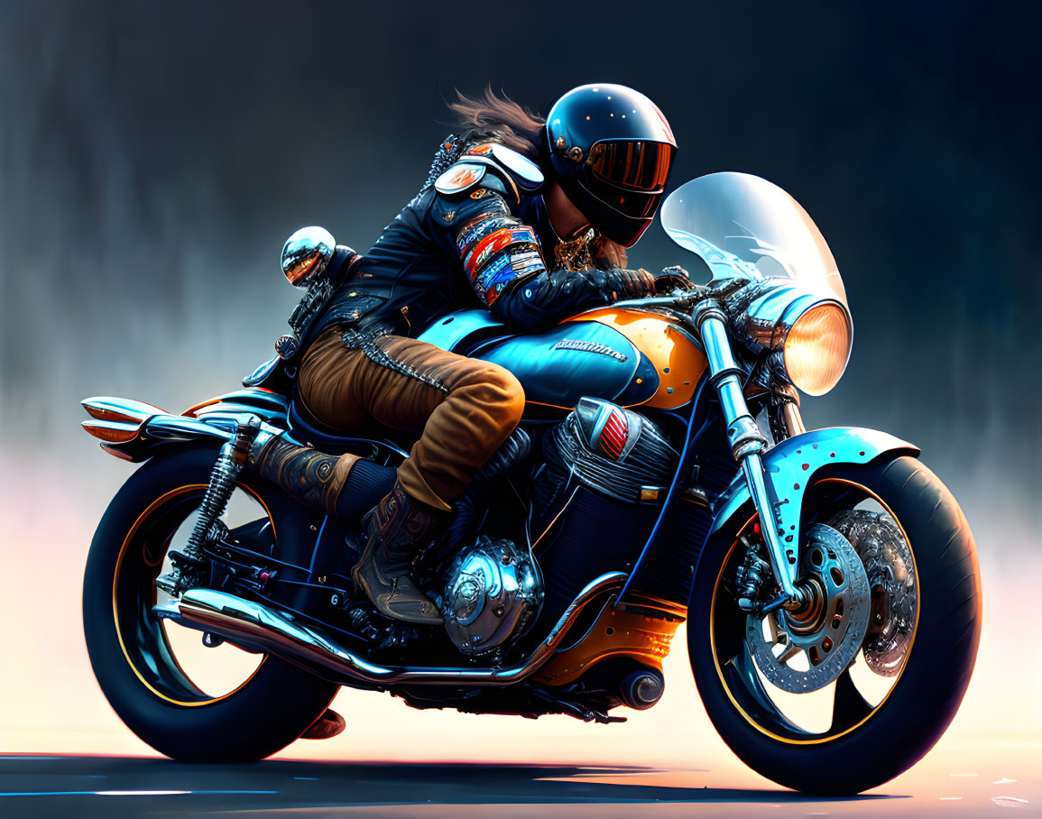 Person in Leather Jacket Riding Classic Motorcycle Against Stylized Backdrop