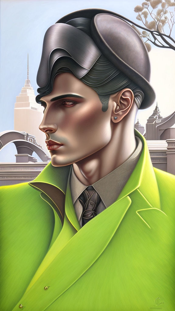 Sharp-featured man in green overcoat and grey hat against urban skyline backdrop.