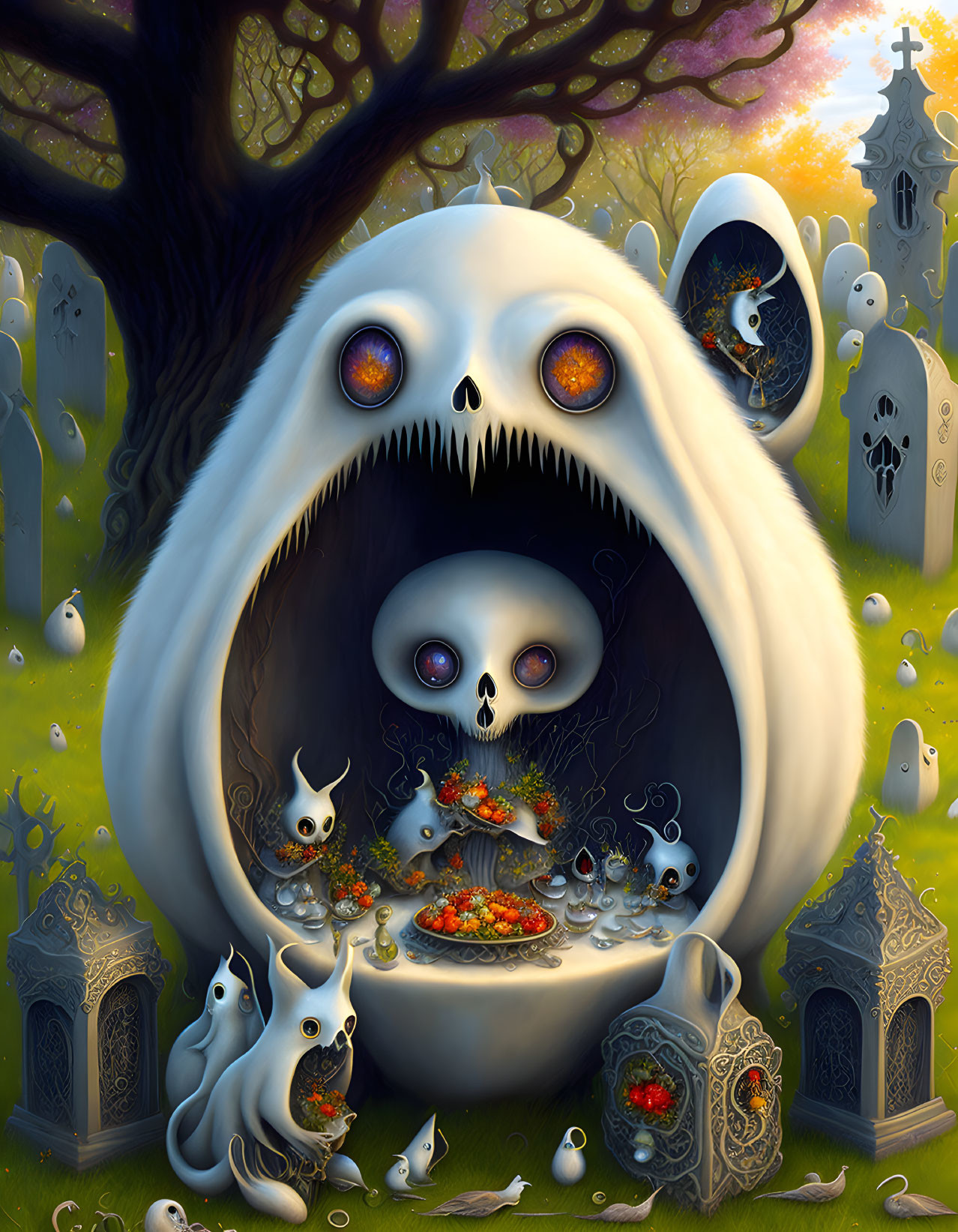 Colorful surreal artwork: Large skull figure, ghostly creatures, tombstones, trees