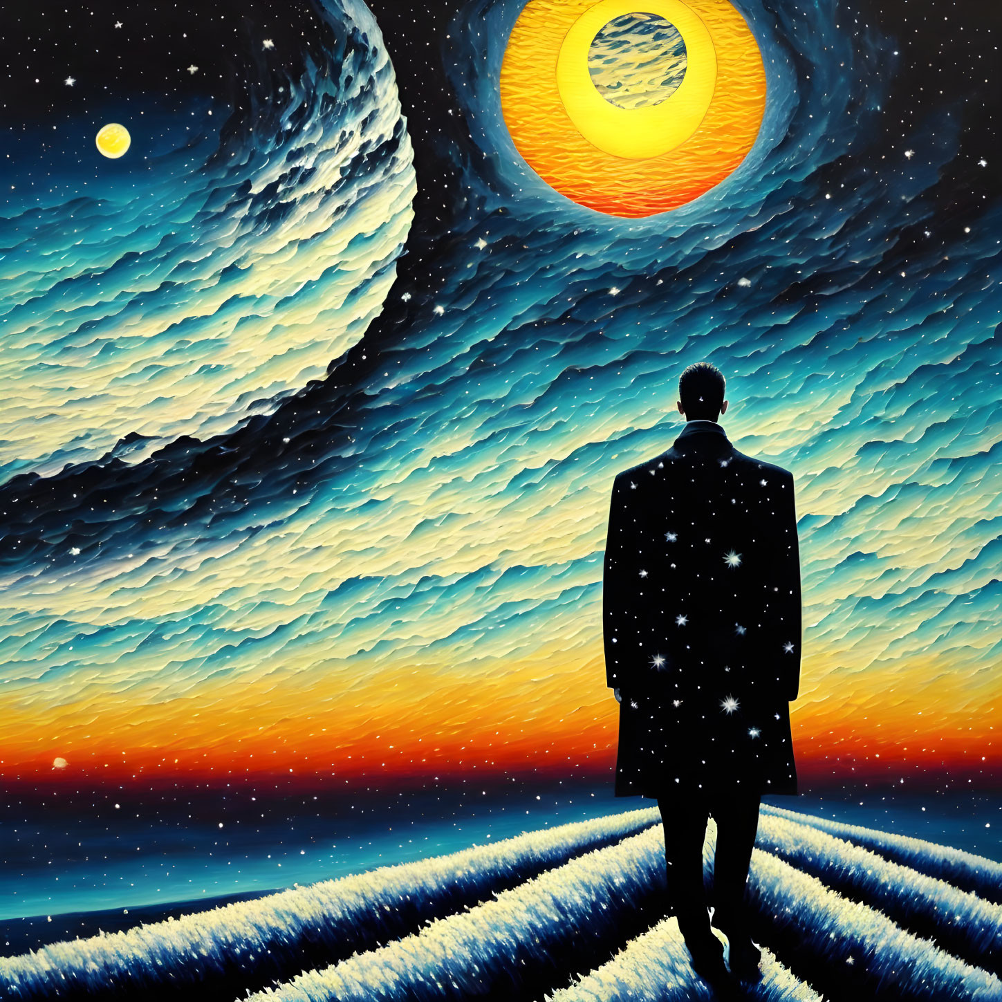 Man standing in surreal landscape with star-filled silhouette and dual moons.