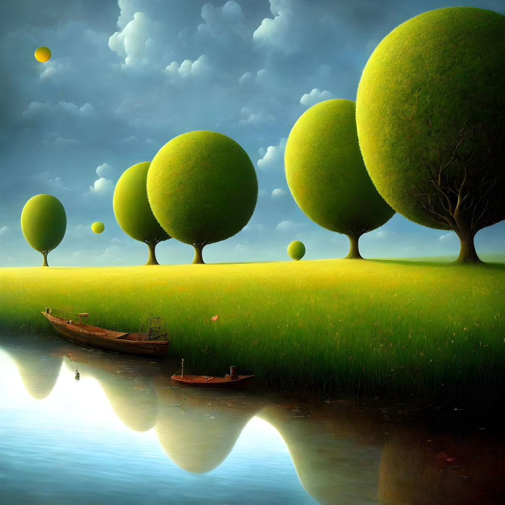 Surreal landscape: round trees, grassy field, calm water, boat, floating orbs,