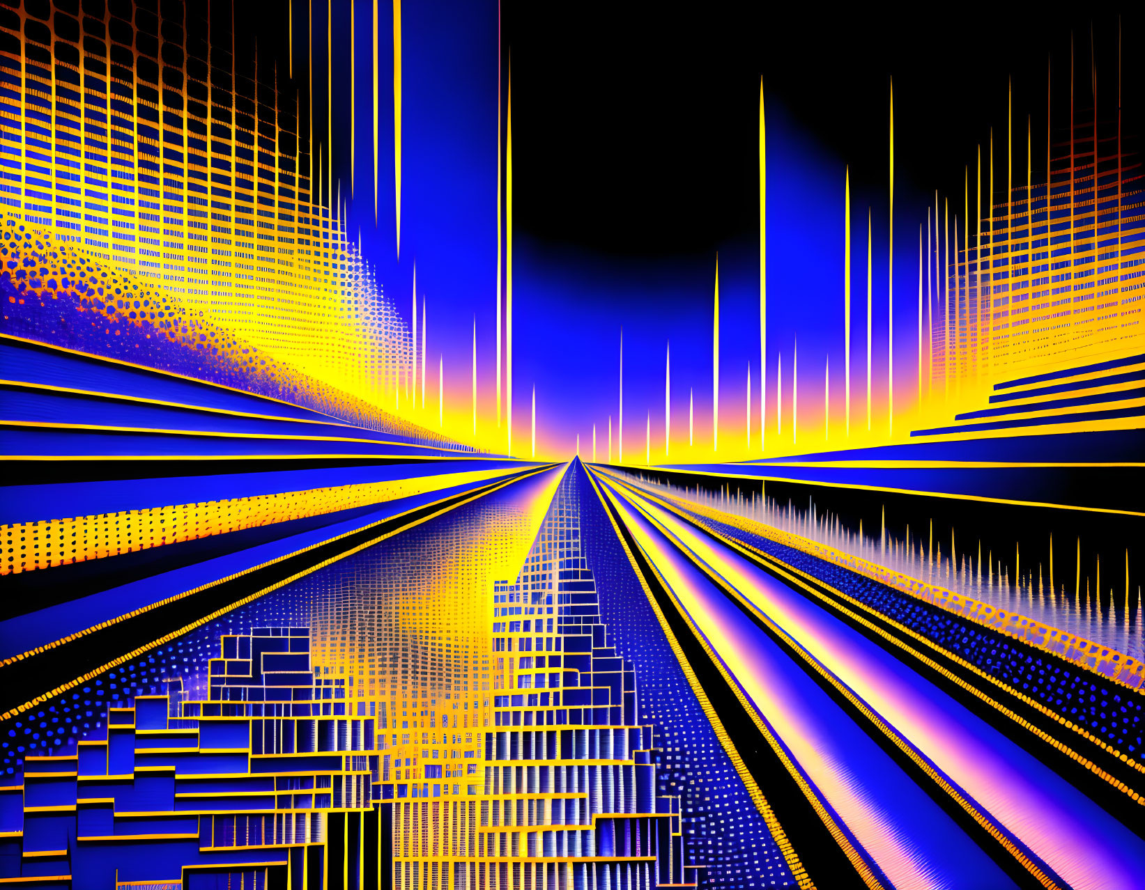 Vanishing point perspective digital art with neon grids in blue, yellow, and purple