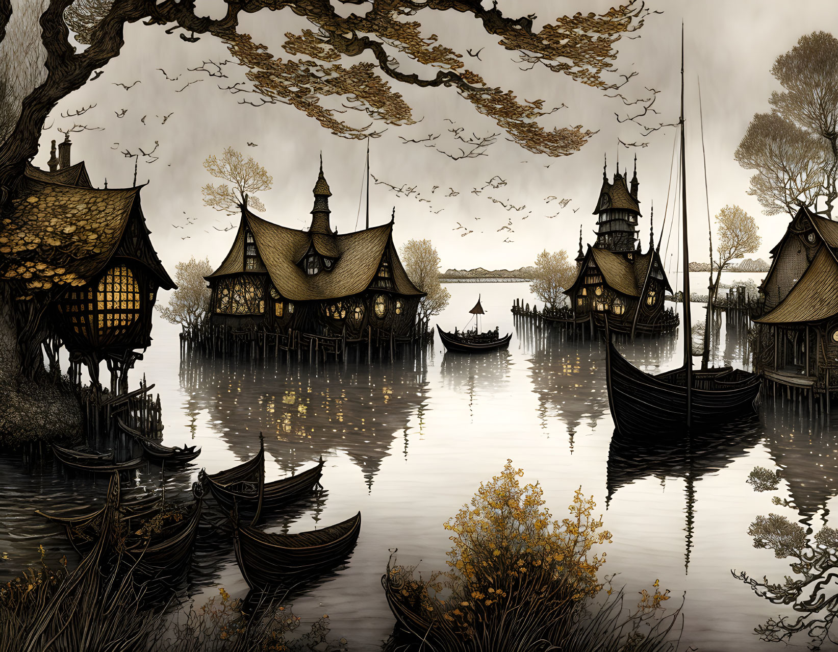 Tranquil medieval village on stilts over water with boats and birds