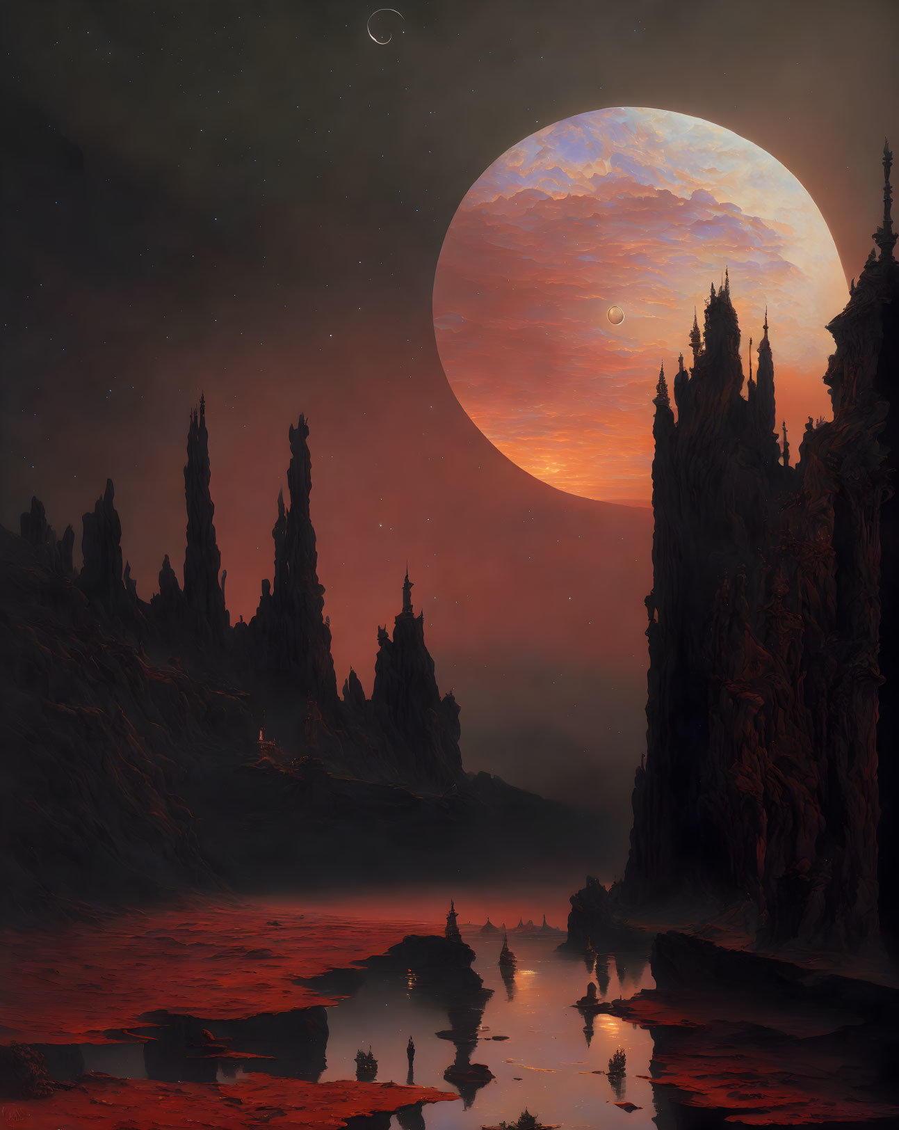 Surreal landscape with towering spires, red river, and celestial body