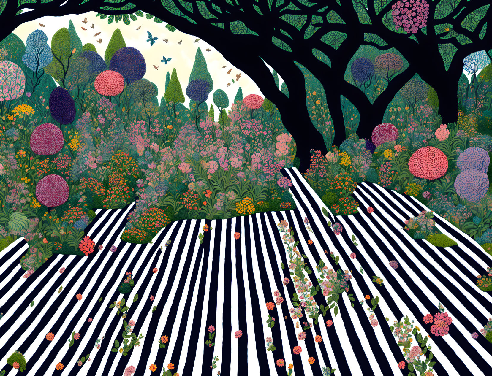 Whimsical garden illustration with striped pathways and colorful flora