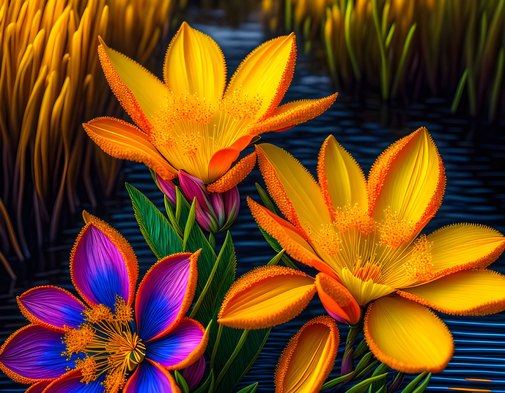 Colorful digital artwork of stylized flowers on vibrant background