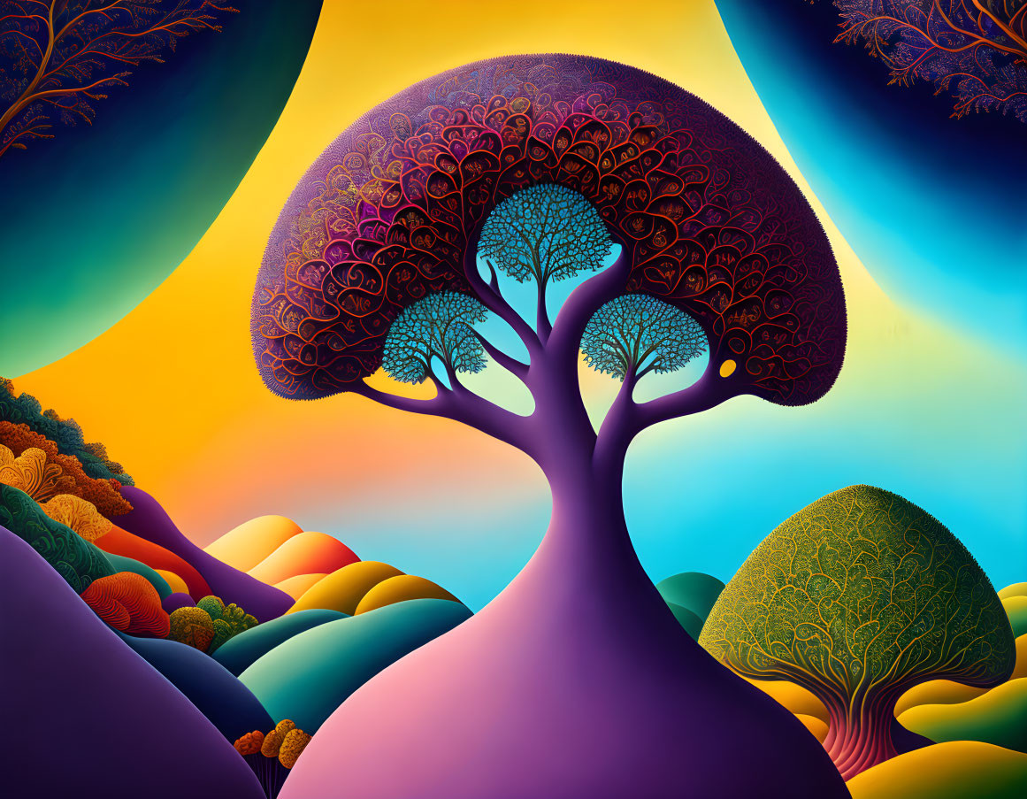 Colorful Whimsical Trees and Rolling Hills in Fantasy Landscape