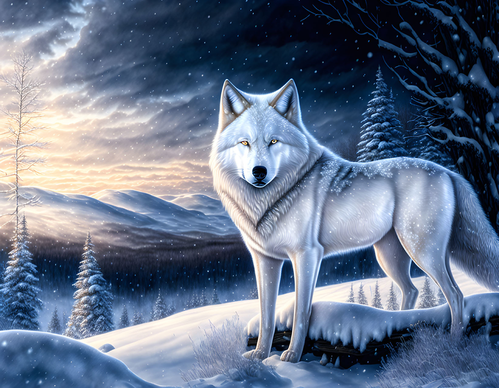 White Wolf in Snowy Twilight Landscape with Forest and Mountains