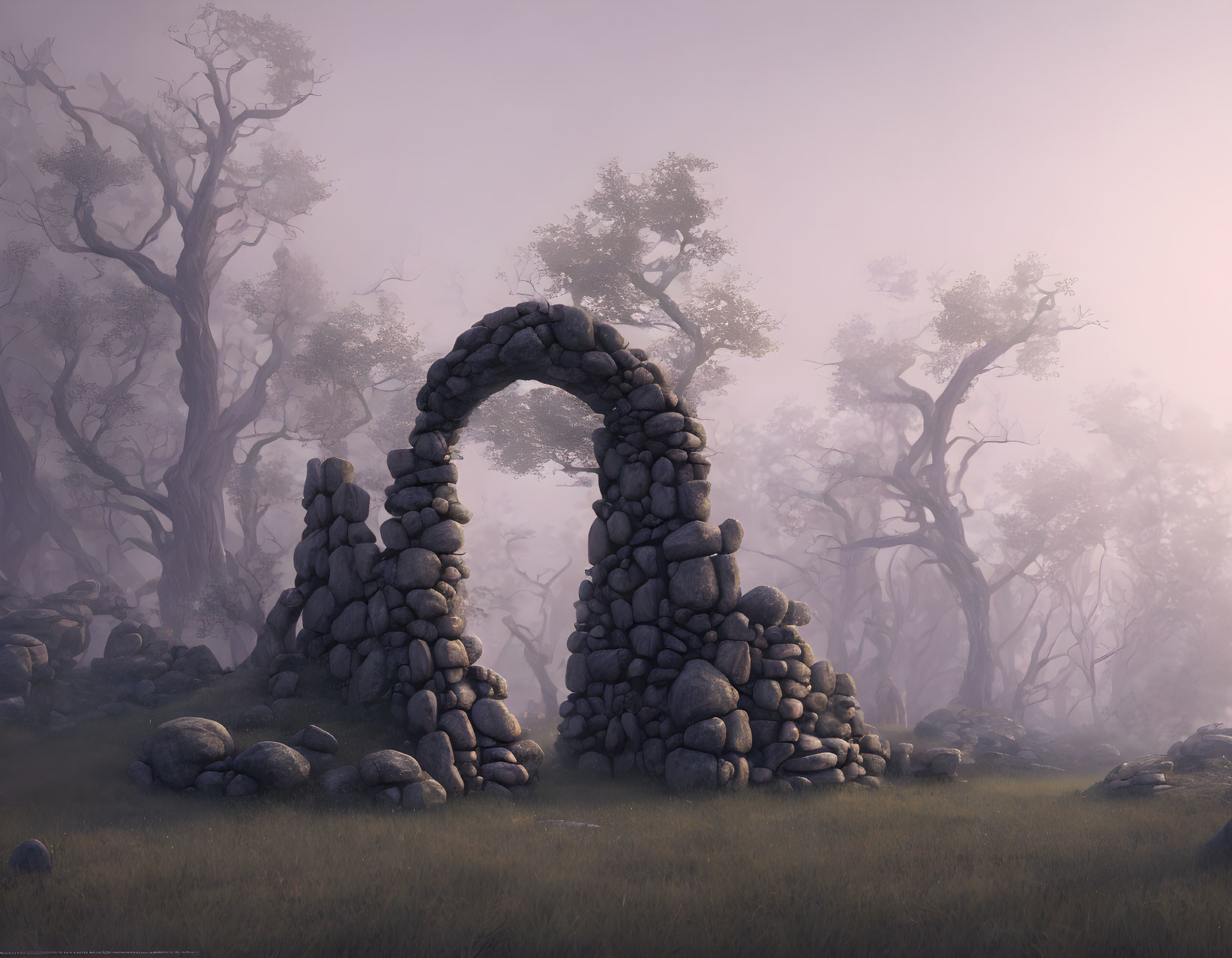 Mystical forest scene with ancient stone arch and twisted trees