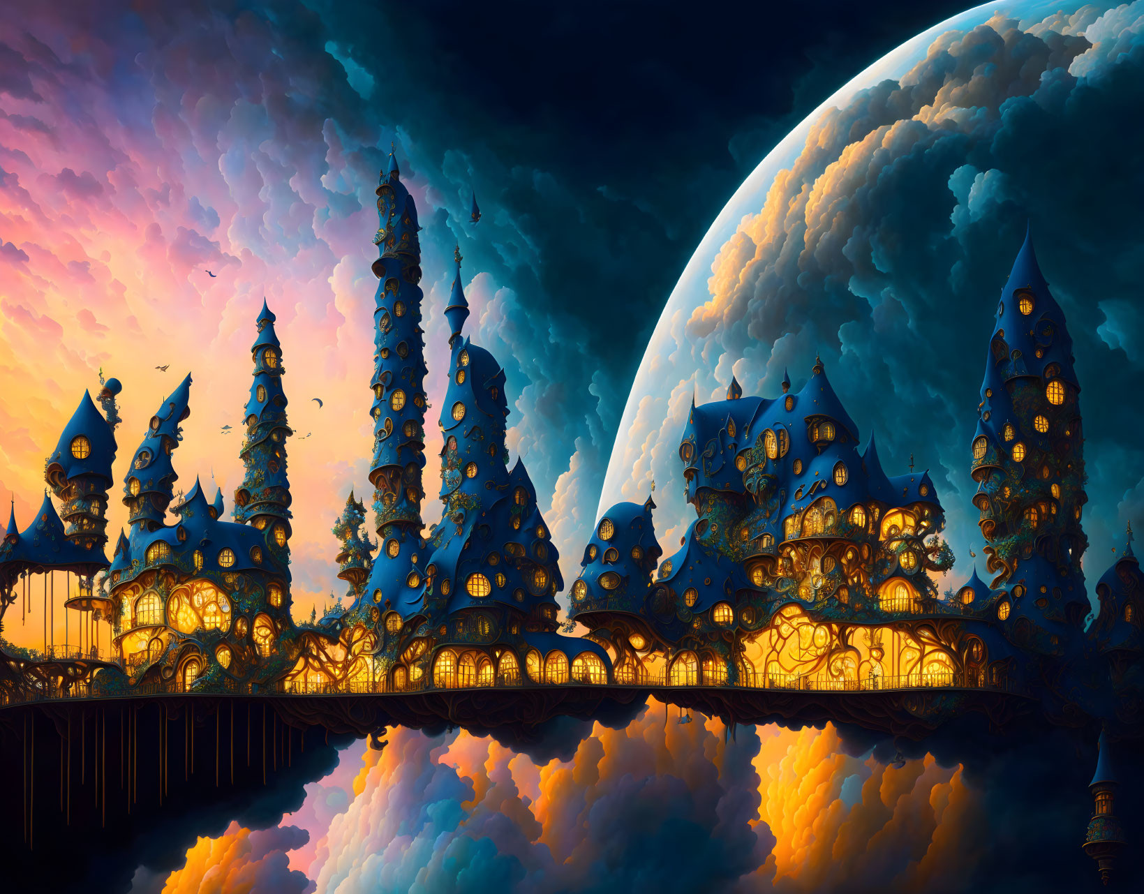 Fantastical cityscape with illuminated towers and moonlit sky