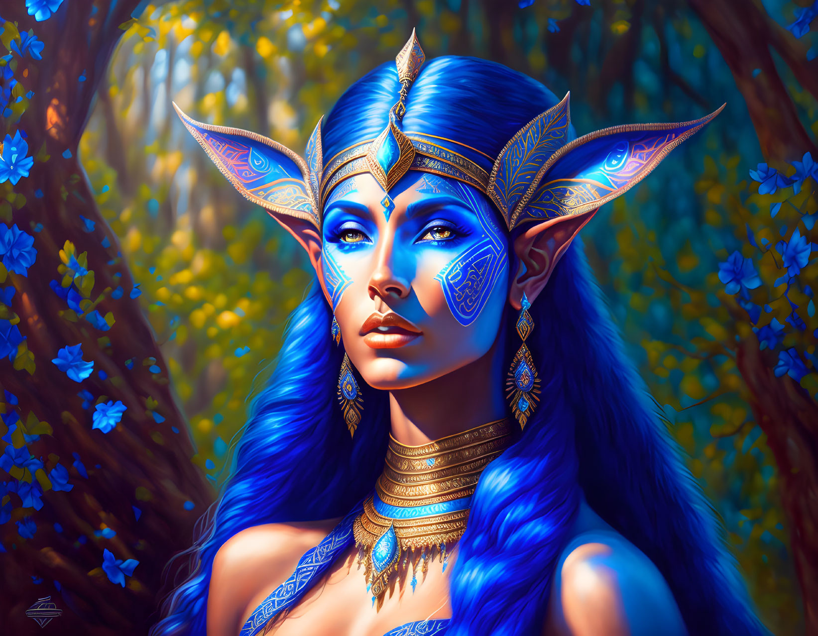 Blue-skinned female with golden headgear in mystical forest.