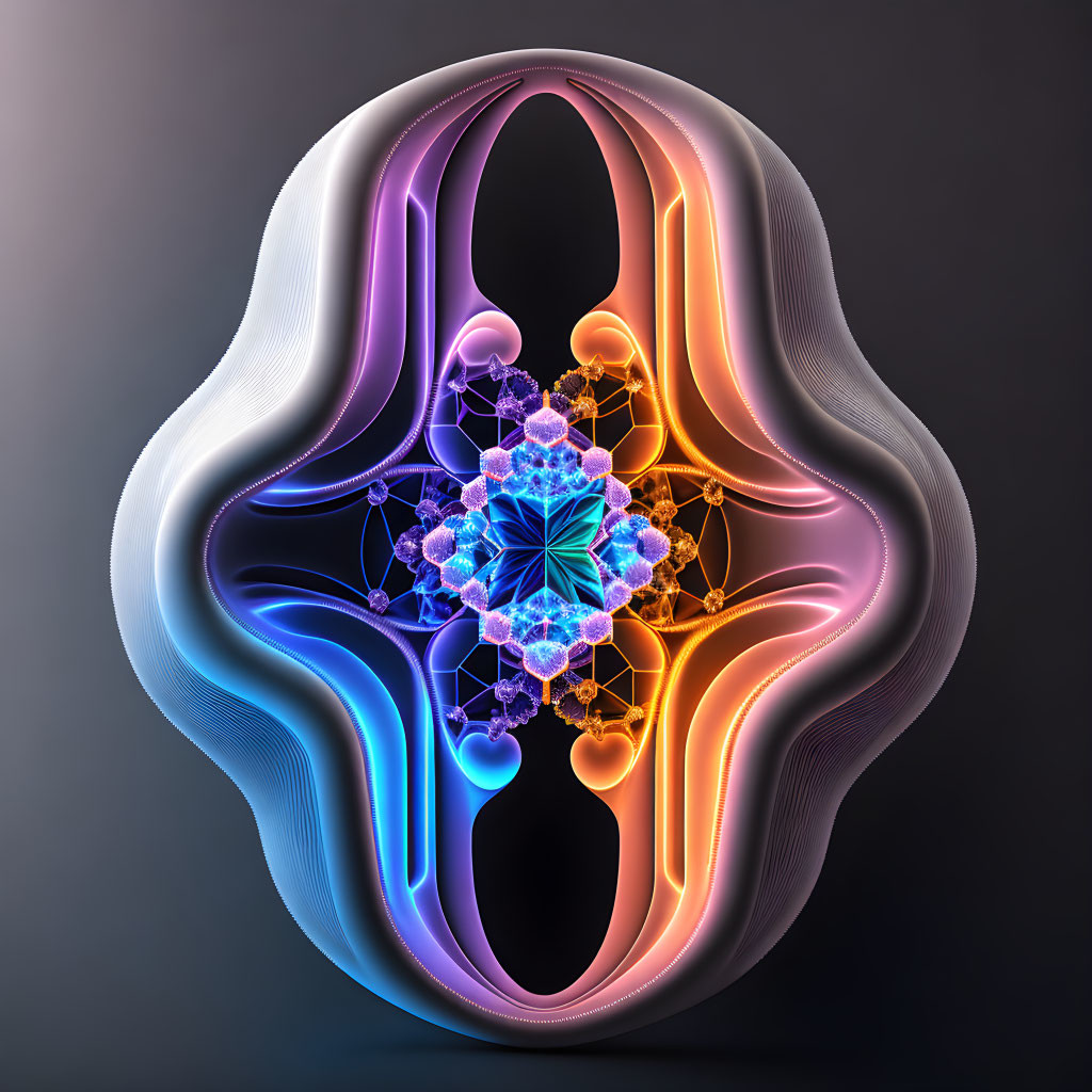 Symmetrical Neon Layers & Central Geometric Structure in Abstract Digital Art