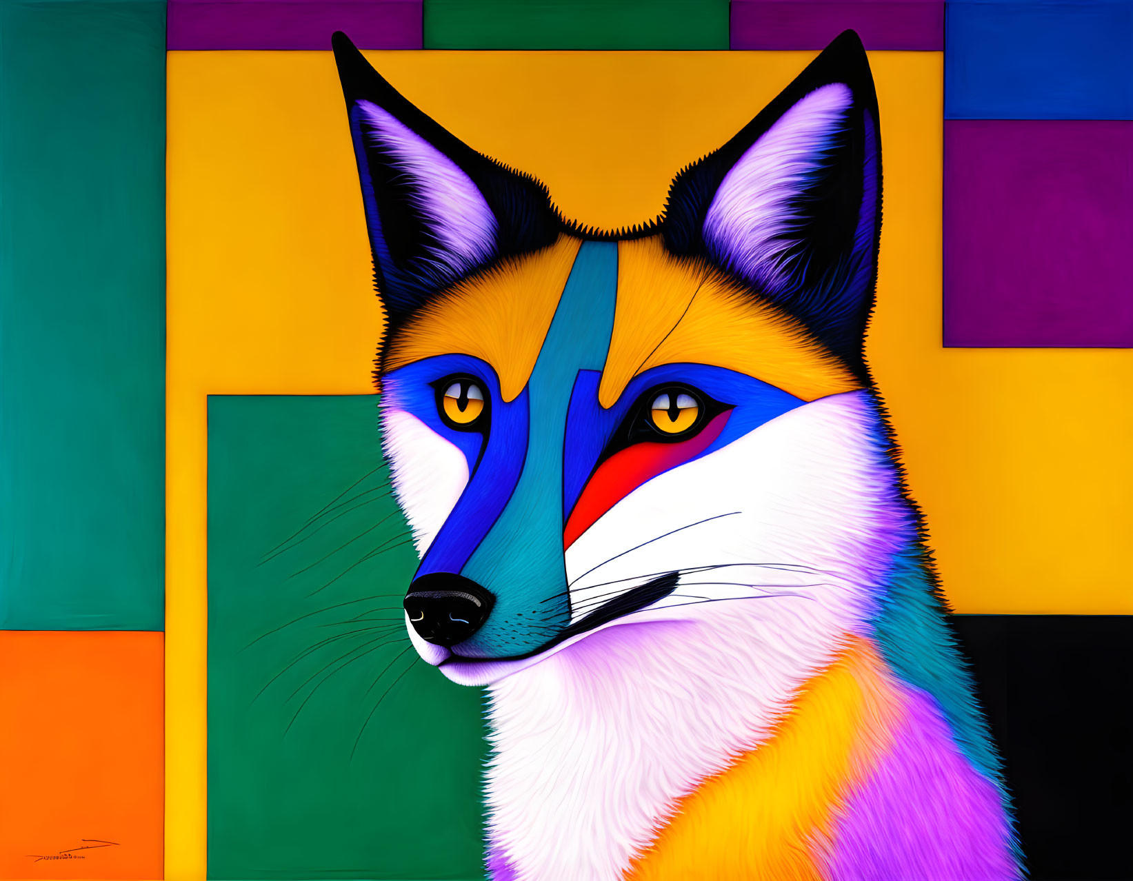 Colorful Stylized Fox Painting with Geometric Background