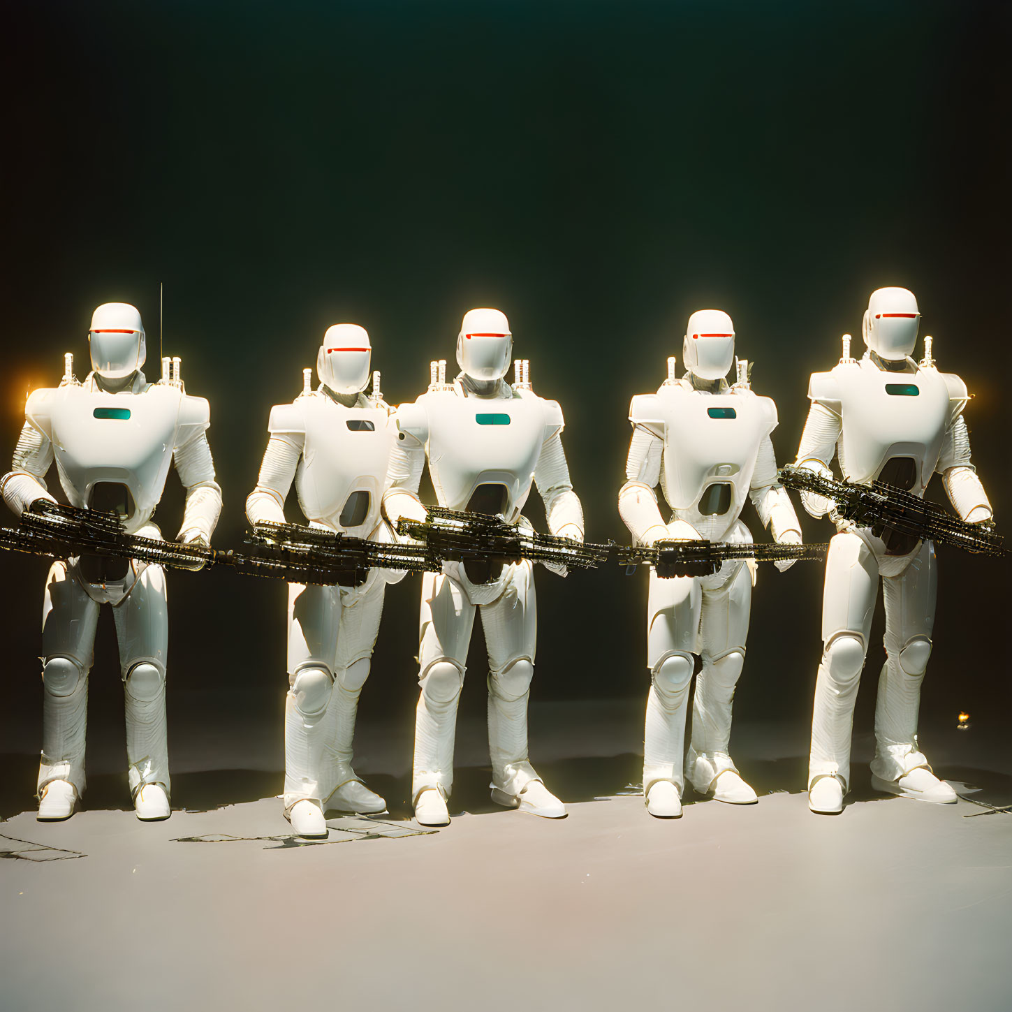 Four white-armored robots with black cable.