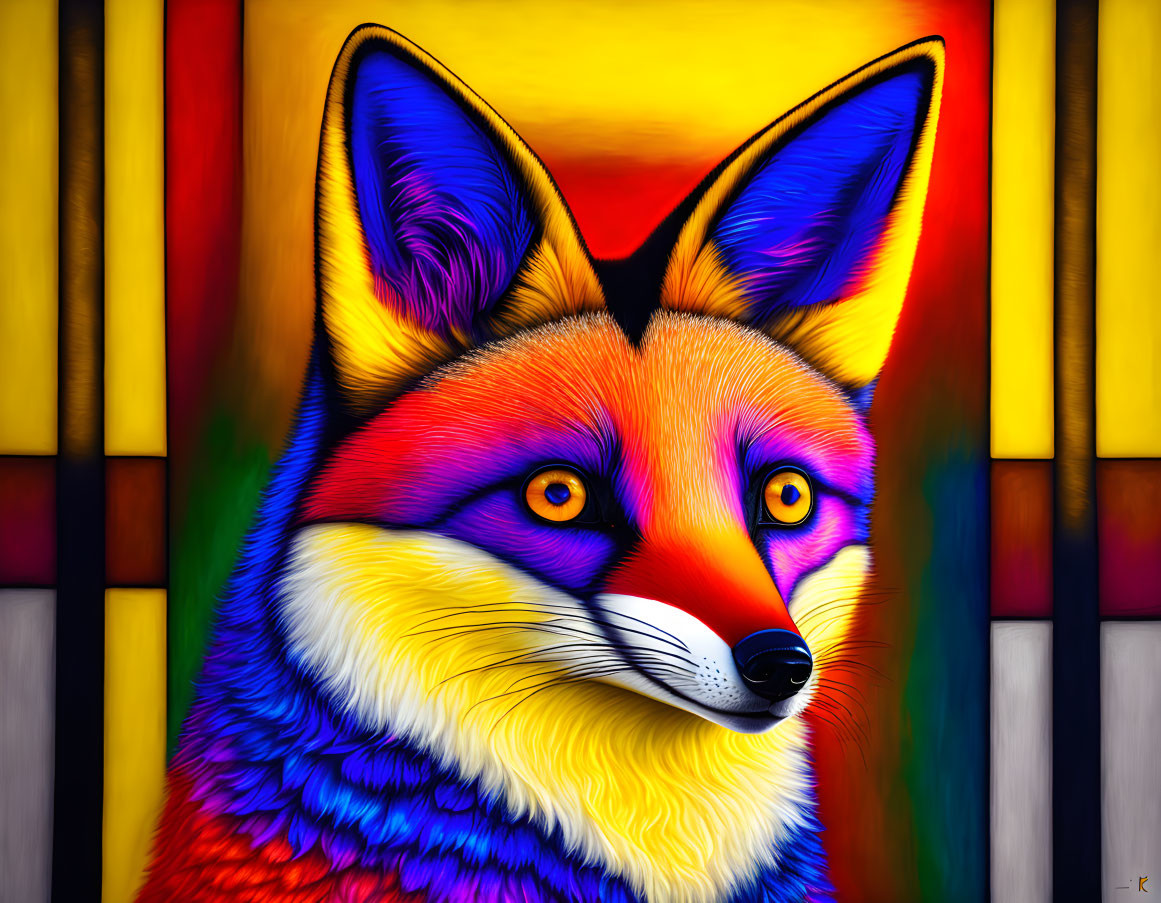 Colorful Fox Digital Painting on Geometric Background