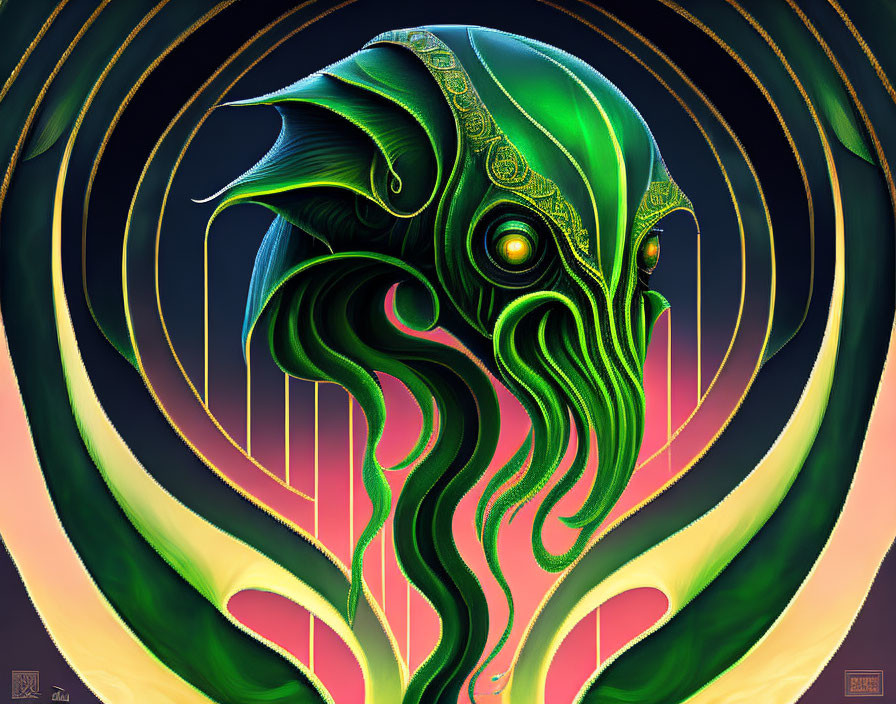 Creature with tentacles and ornate headdress in green and gold concentric rings