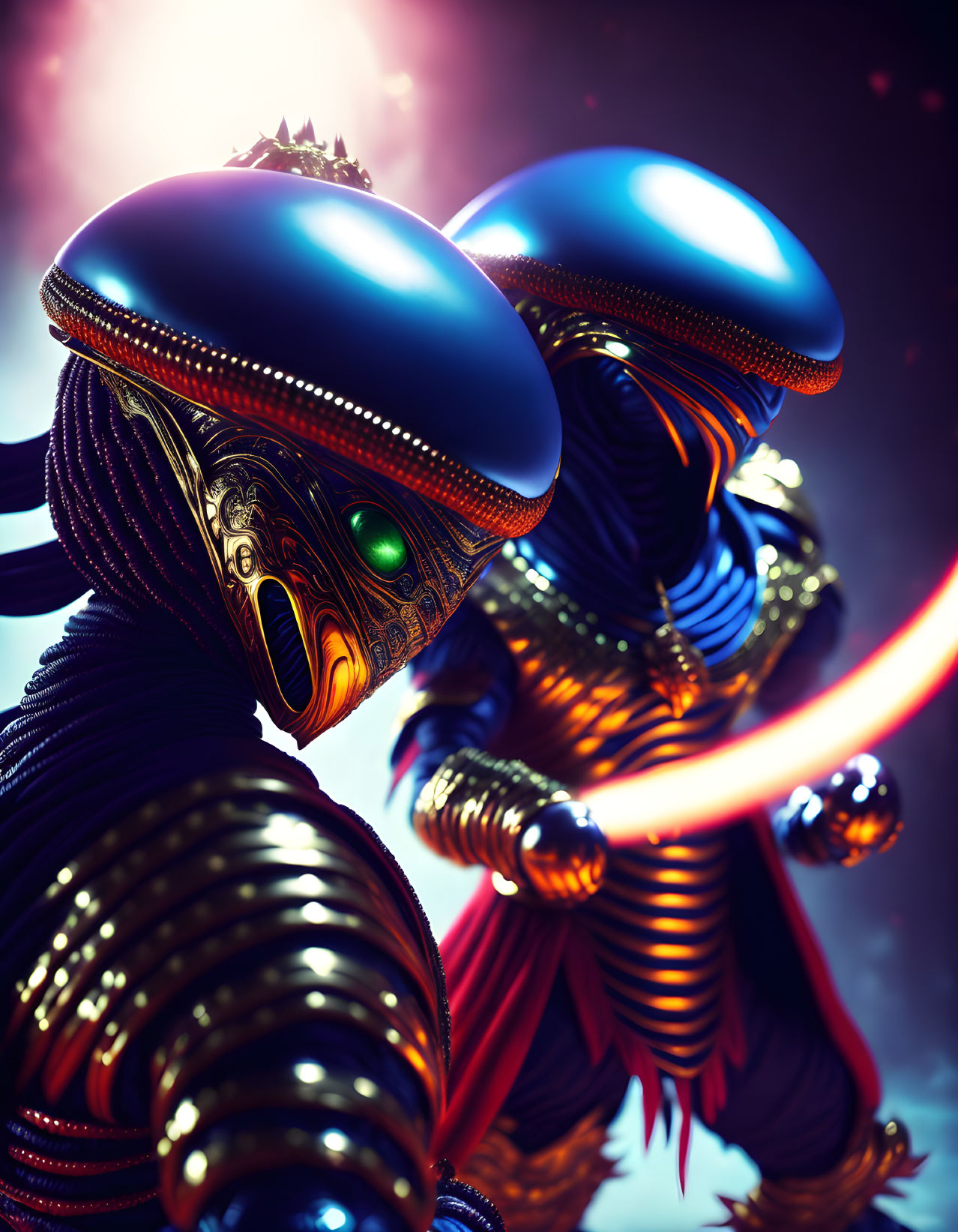 Futuristic alien creatures in metallic armor with glowing green eyes against cosmic background