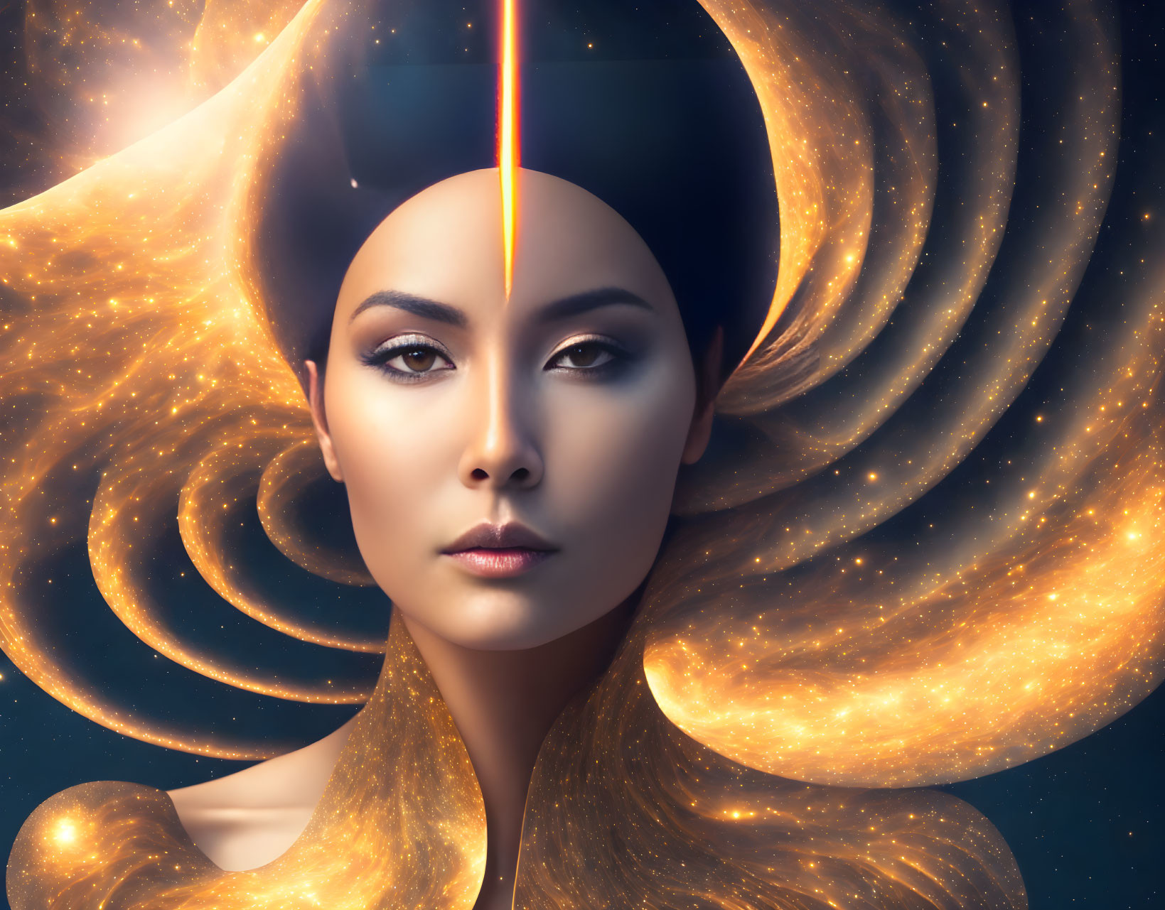 Surreal portrait of a woman with cosmic elements and stars, serene expression