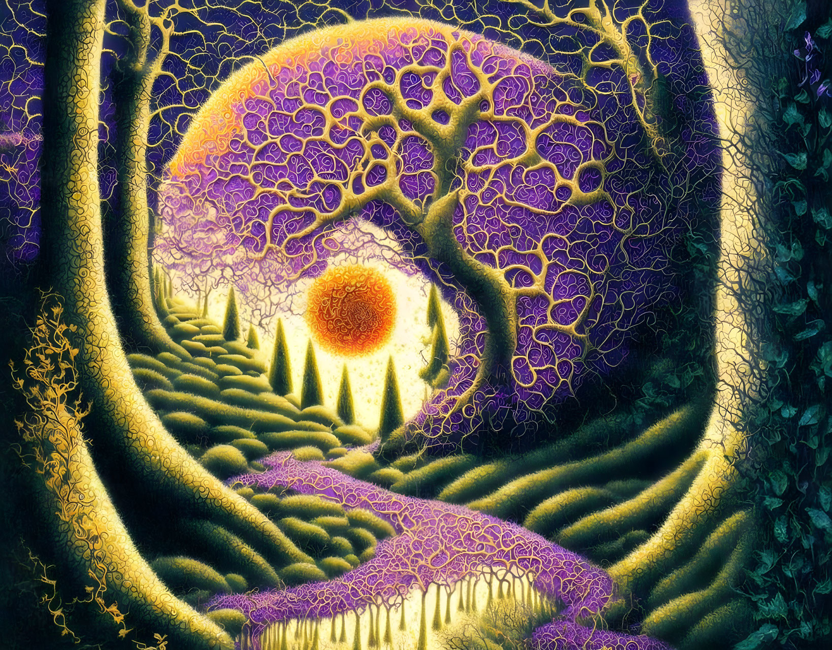 Vibrant surreal landscape with purple fractal tree and golden sun