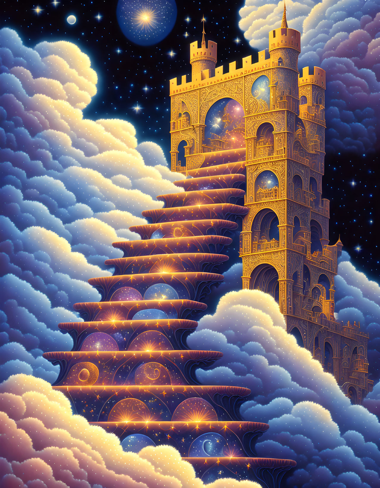 Fantastical castle on cloud staircase under starry sky