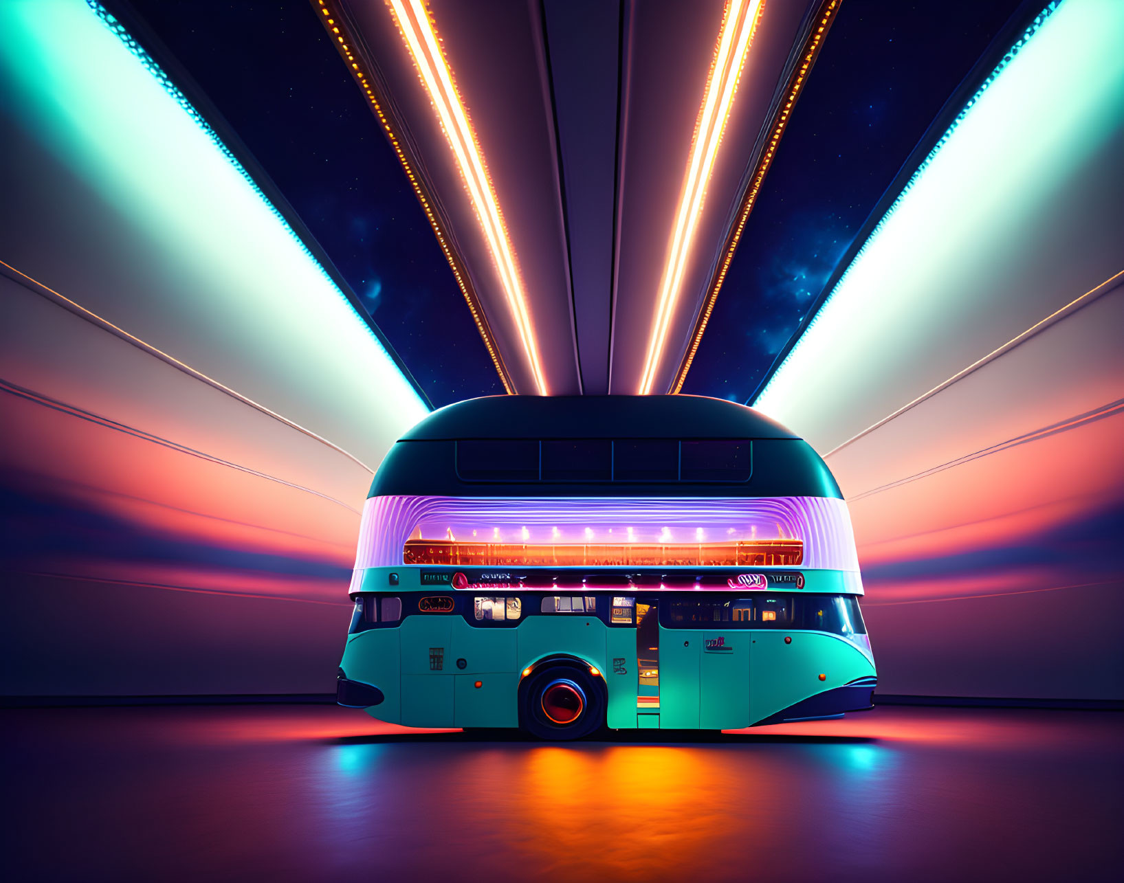 Futuristic double-decker bus with neon lights in stylized, illuminated space